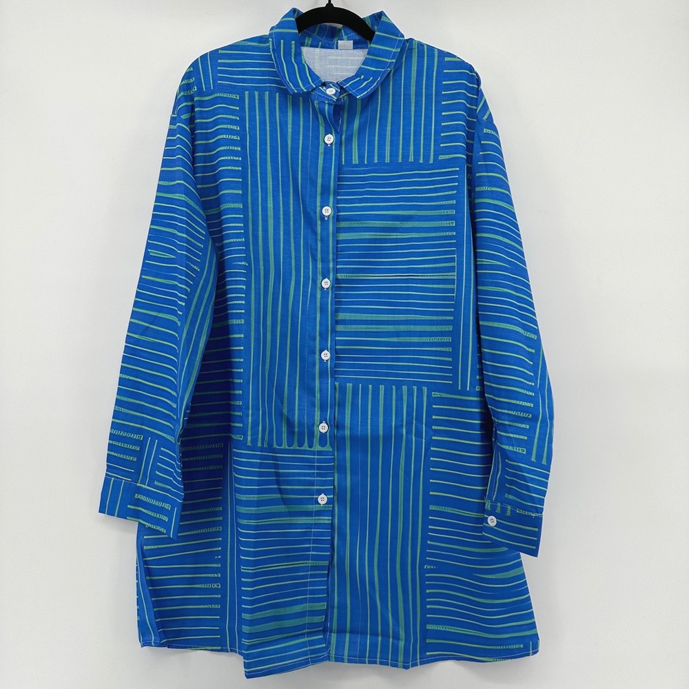 Blue Green Geometric Stripe Button Down Tunic Shirt Size Large NWOT